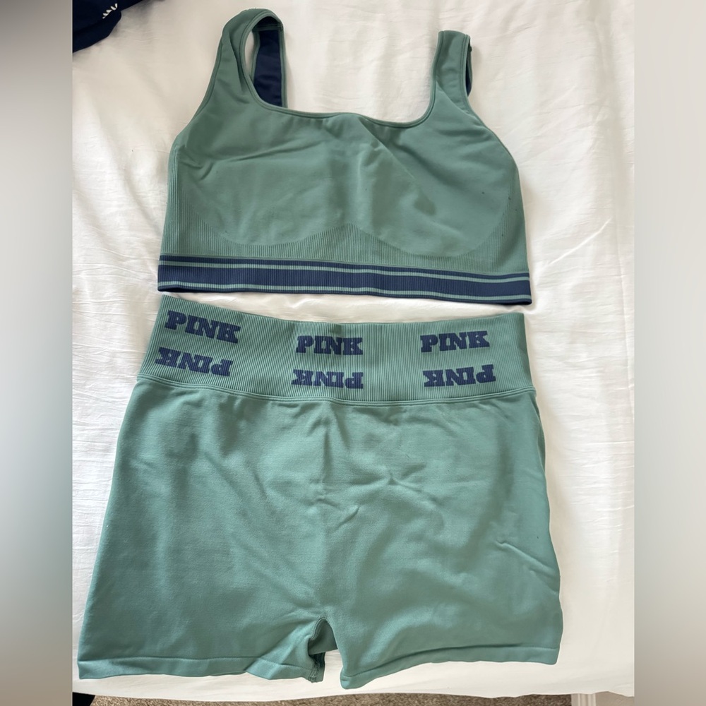 Victorias Secret PINK Green Sports Bra and Shorts Set